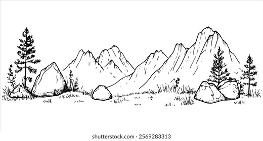 rocky hill with sparse trees and rugged cliffs hand drawn doodle sketch