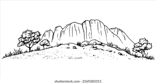 rocky hill with sparse trees and rugged cliffs hand drawn doodle sketch