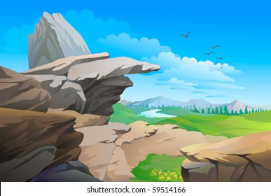 Rocky hills , river and vast blue sky