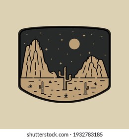 rocky hills and some cacti with stars in mono line art, badge vector illustration, T-Shirt Art, Design Vector