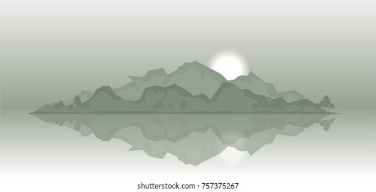 rocky island in the fog vector illustration. suntise over mountain peaks and reflection on water, nature landscape