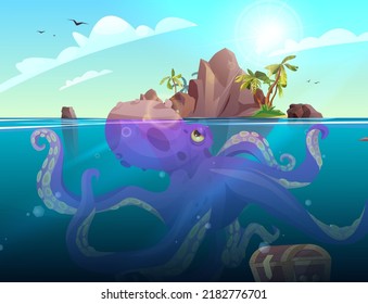 Isla rocosa con palmeras en el océano. Pulpo gigante morado bajo el mar. Ilustración vectorial de dibujos animados para 2d juego o aventura.