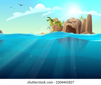 Rocky Island With Palm Trees In The Ocean. Deep Sea Water. Cartoon Vector Illustration For 2d Game Or Adventure Quest.