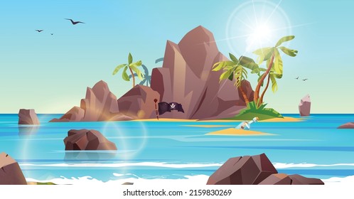 Rocky Island With Pirate Flag And Palm Trees In The Ocean. Bottle With Paper Message In It. Cartoon Vector Illustration For 2d Game Or Adventure Quest.