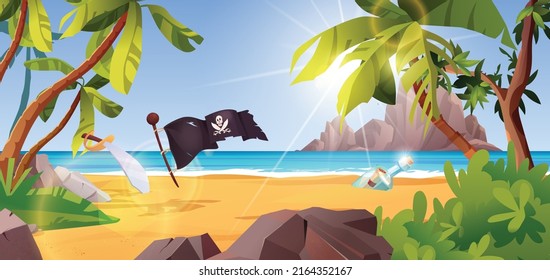 Isla rocosa con bandera pirata y palmeras en el océano. Frasco con mensaje de papel. Ilustración vectorial de dibujos animados para 2d juego o aventura.