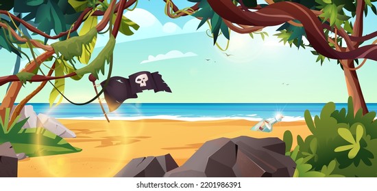 Rocky Island With Pirate Flag And Palm Trees In The Ocean. Bottle With Paper Message In It. Cartoon Vector Illustration For 2d Game Or Adventure Quest.