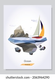 Isla rocosa y barco de vela en el océano, nubes y pájaros en el cielo. Ilustración vectorial de la naturaleza marina recreación, viajes y navegación concepto en bajo estilo politico geométrico. 