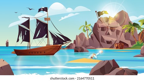 Rocky island in the shape of skull with pirate flag and palm trees in the ocean. Bottle with paper message in it. Cartoon vector illustration for 2d game or adventure quest.