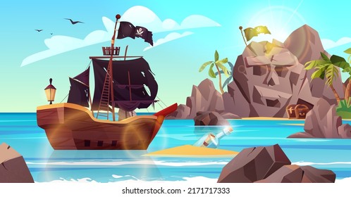 Rocky island in the shape of skull with pirate flag and palm trees in the ocean. Bottle with paper message in it. Cartoon vector illustration for 2d game or adventure quest.