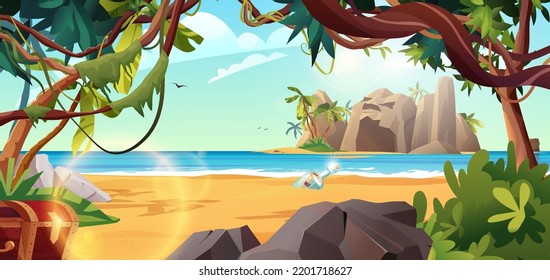 Rocky island with treasure chest and palm trees in the ocean. Bottle with paper message in it. Cartoon vector illustration for 2d game or adventure quest. svg