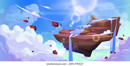 Isla rocosa con cascada flotando en el cielo. Dibujo vectorial de un trozo de tierra volando en un paisaje paradisíaco con bengalas solares, agua cayendo de cascada, plataforma de juegos de aventura