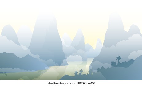 Rocky islands with jungle and river or bay, Asian landscape with fog