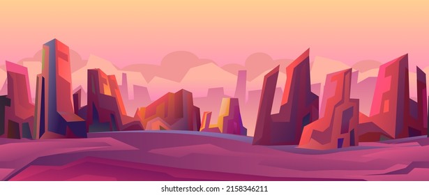 Rocky landscape. Atmosphere on another planet. Seamless illustration. Beautiful stone scenery. Cartoon flat style design. Vector.