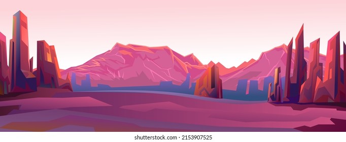 Rocky landscape. Beautiful stone scenery. Cartoon flat style design. Horizontal composition. Far horizon. Vector