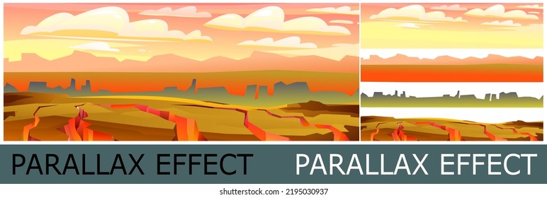 Rocky landscape. Cracks in earth crust. Sharp stone cliffs. Glowing volcanic lava. View of uninhabited planet. Image from layers for overlay with parallax effect. Desert during day. Vector