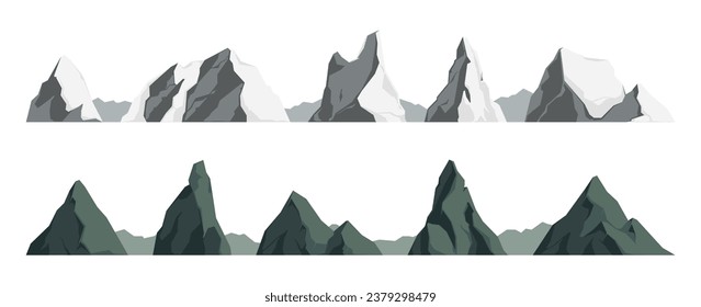 Rocky landscape elements. Cartoon mountain peaks, snowy stone rocks and cliffs, green alpine scenery with snowy peaks and craggy rocks. Vector isolated set of mountain hill peak illustration