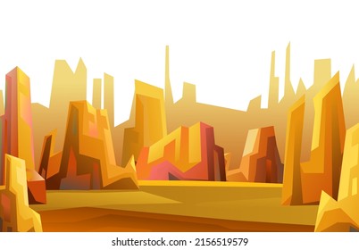 Paisaje rocoso. Lugar vacío entre fragmentos afilados. Acantilados de piedra afilados. Vista del planeta deshabitado. Aislado sobre fondo blanco. Desierto durante el día. Vector.