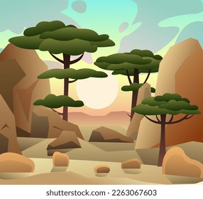 Rocky landscape in rocks in desert. African acacia. Trees green foliage. Cartoon fun style. Flat design. Vector