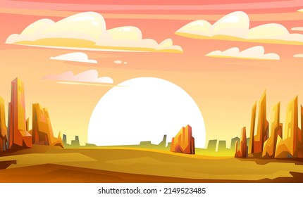 Rocky landscape. Sharp stone cliffs. Horizon far away. View of an uninhabited planet. Sunset sunrise on horizon. Desert during day. Horizontal illustration. Vector.