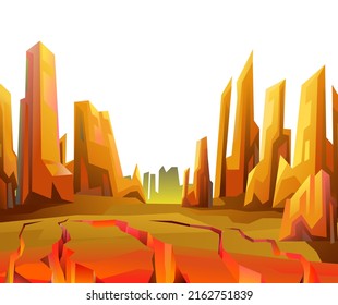 Rocky landscape. Sharp stone cliffs. Cracks in earth crust. Isolated on white background. View of an uninhabited planet. Desert during the day. Vector.