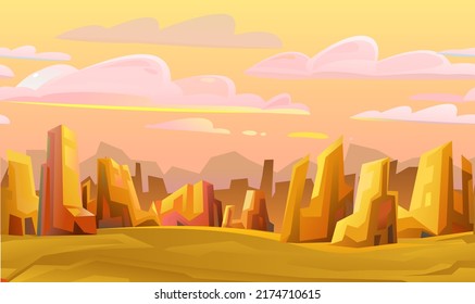 Rocky landscape. Sharp stone cliffs. View of an uninhabited planet. Horizontal Seamless illustration. Desert during the day. Horizon far away. Vector.