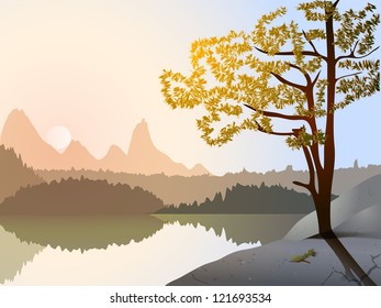 Rocky landscape with single pine tree and the lake on sunrise. Vector. eps 10