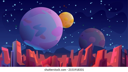 Rocky landscape. Starry night sky. Satellite planets in space. Beautiful stone scenery. Seamless illustration. Cartoon flat style design. Vector.