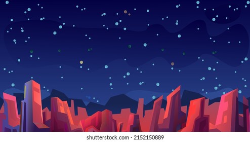 Rocky landscape. Starry night sky. Beautiful stone scenery. Cartoon flat style design. Vector.