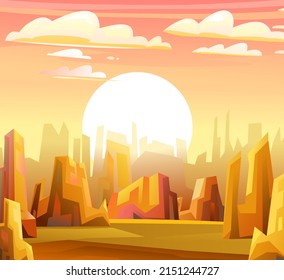 Rocky landscape. Sunset sunrise on horizon. Sharp stone cliffs. View of uninhabited planet. Desert during day. Vector.