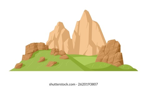 Rocky mountain. Cartoon mountain range, outdoor hiking, nature landscape mountain peak flat vector illustration. Huge mountain on white background