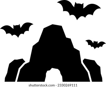 Rocky mountain cave and bat silhouettes.