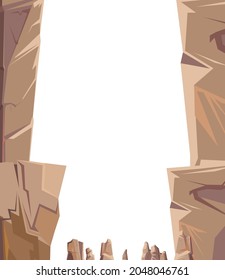 Rocky mountain gorge. Stone rocky landscape. Vertical frame. High peaks and cliffs. Isolated on white background. Illustration vector.