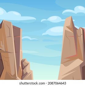 Rocky mountain gorge. Top of the relief. Stone rocky landscape. High peaks and cliffs. Sky with clouds. Illustration vector.