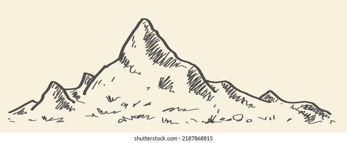 Diseño de paisajes montañosos de montaña rocosos (paisaje), que se puede utilizar para el montañismo al aire libre y la ilustración de viajes de expedición, que se dibuja a mano (estilo doodle).