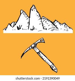 Felsenberg- und Eisaxt-Werkzeug (Eishammer-Werkzeug), Vektorgrafik. Hochland-Landschaft- und Landschaftsdesign, das für die Bergwanderung im Freien und Expeditionsreisemedium verwendet werden kann