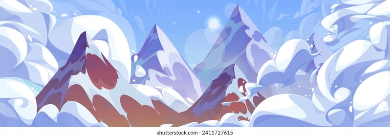 Rocky mountain landscape with clouds. Vector cartoon illustration of anime style peaks covered with snow and glacier above heavenly cloudscape, bright sunlight flare sparkling in blue sky, frosty air