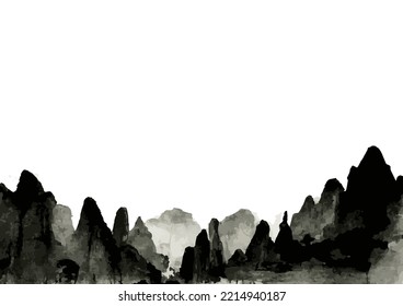 Rocky mountain landscape. Vector illustration in chinese or japanese traditional art style, sumi-e.