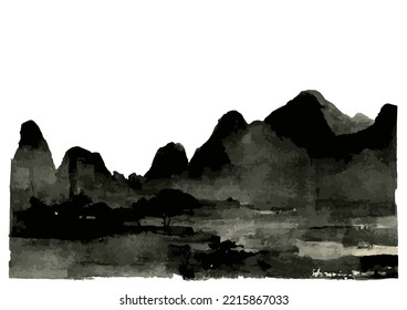 Paisaje montañoso rocoso. Ilustración vectorial en estilo de arte tradicional chino o japonés, sumi-e.