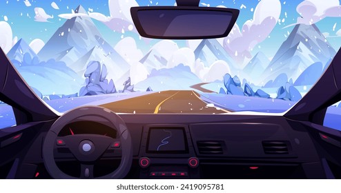Rocky mountain landscape view from auto. Vector cartoon illustration of car driving road, steering wheel, navigation panel, rear mirror and windshield, beautiful snowy scenery seen through glass