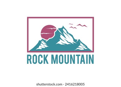 Rocky mountain logo design, hiking adventure icon symbol, sunset scene with fly bird element.