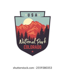 Rocky mountain national park colorado with mountain and tree view Patch badge emblemb logo vector illustration