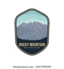 Rocky Mountain National Park logo patch badge illustration, beautiful river lake mountain scenery patch design 