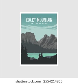 Rocky Mountain National Park poster illustration, beautiful river lake mountain scenery poster design