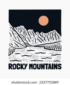 Ilustración vintage al aire libre de montaña rocosa, ilustración vectorial o placa, pegatina, parche, diseño de camisetas, etc