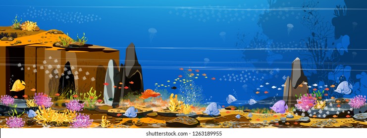 Rocky Mountain - Panorama - Ocean and underwater world with coral reef fishes, coral reefs living together - Underwater world - For website design Poster and mobile printing jobs Vector
