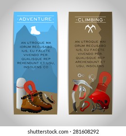Rocky mountain peaks  climbing adventure 2 colorful vertical tourism and alpinism banners set abstract isolated vector illustrations