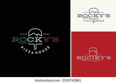 Rocky Mountain with Pizza Peel and Italian Flag Colors for Adventure Outdoor Pizzeria Restaurant Vintage Line Art Logo Design