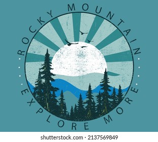 Rocky mountain print design for t shirt. Explore more vector artwork design.