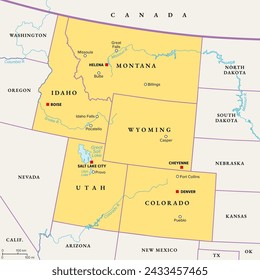 Die Rocky Mountain Region der Vereinigten Staaten, politische Karte. Die Rocky Mountains, kurz Rocky Mountains, teilen den Westen der Vereinigten Staaten von den Great Plains. Colorado, Idaho, Montana, Wyoming und Utah.