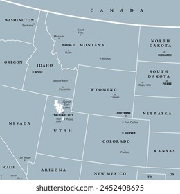 Rocky Mountain Region der Vereinigten Staaten, graue politische Karte. Die Rocky Mountains, kurz Rocky Mountains, teilen den Westen der Vereinigten Staaten von den Great Plains. Colorado, Idaho, Montana, Wyoming und Utah.